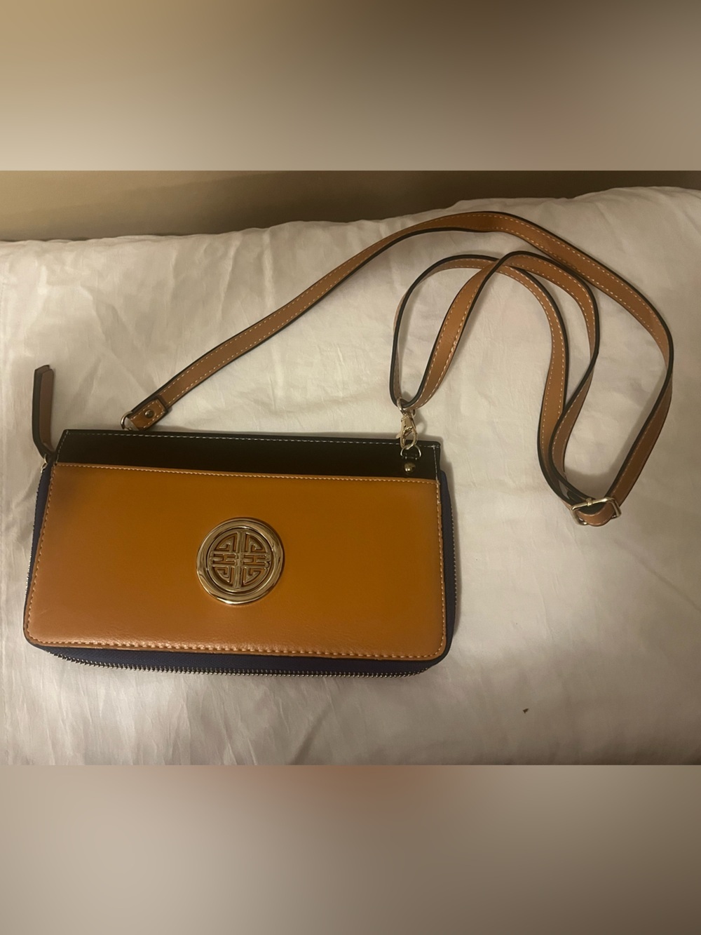 Tan, Dark Blue and Black Clutch/ Crossbody Bag with Gold Logo